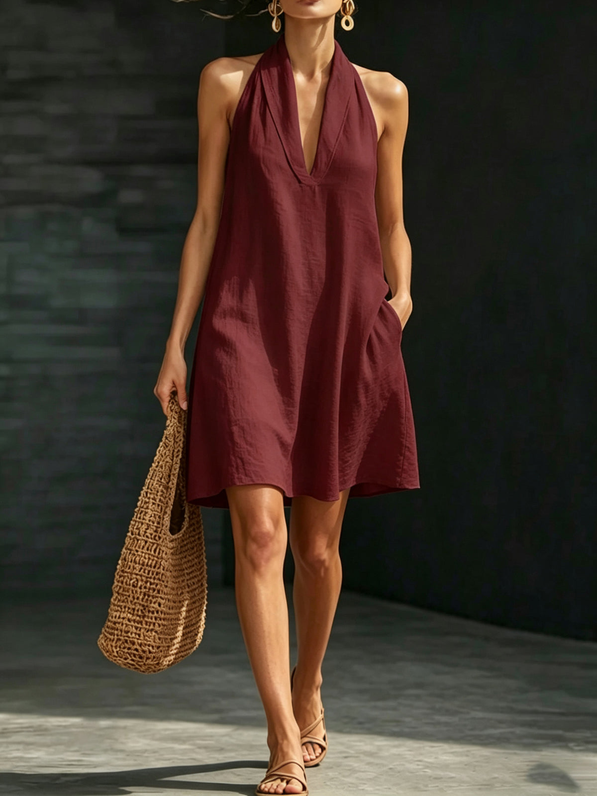Casual Short Solid-color V-neck Dress by Ricaloux
