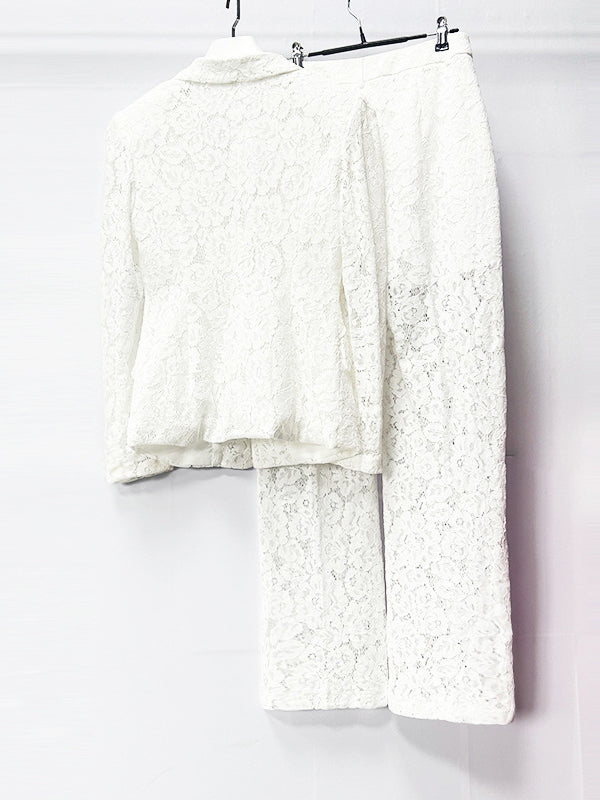 Floral Lace Single Button Blazer & High Waist Wide Leg Pants 2-Piece Suit Set by Ricaloux