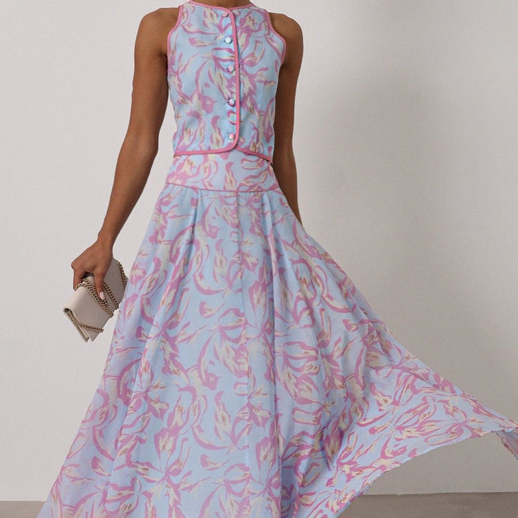 Abstract Print Sleeveless Crop Vest & Flared Midi Skirt 2-Piece Set – Premium 4 | RICALOUX