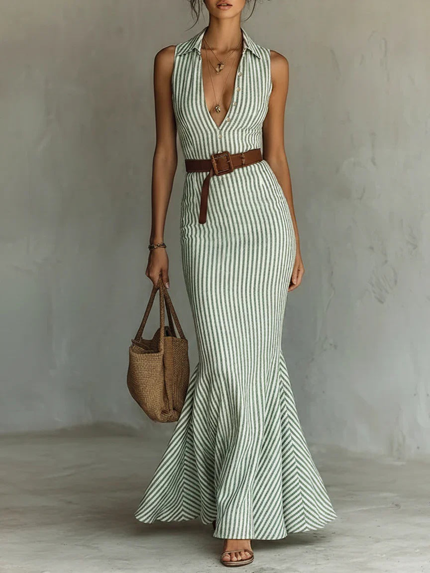 Elegant V-neck Dress With A Belt For Women – Premium 0 | RICALOUX
