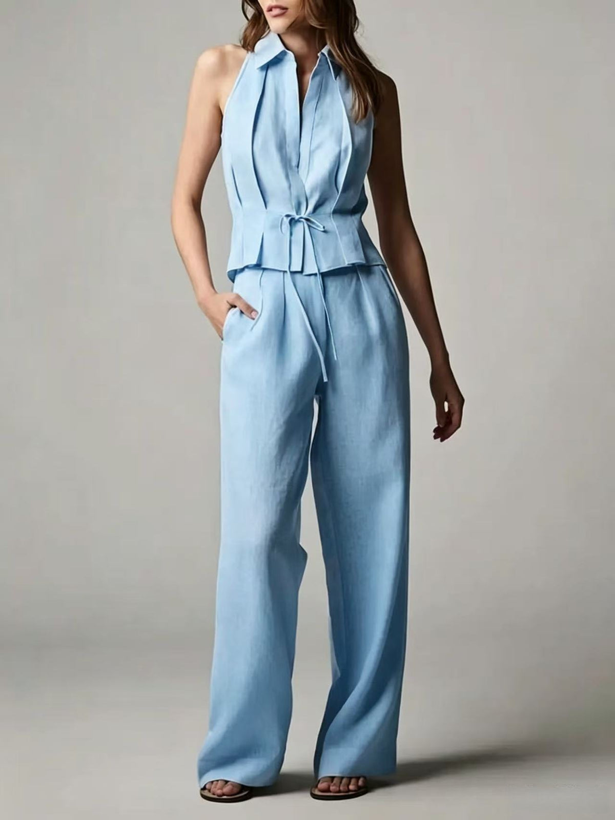 Cotton-linen Sleeveless Lapel Top With A Simple Straight-leg Pants Set by Ricaloux