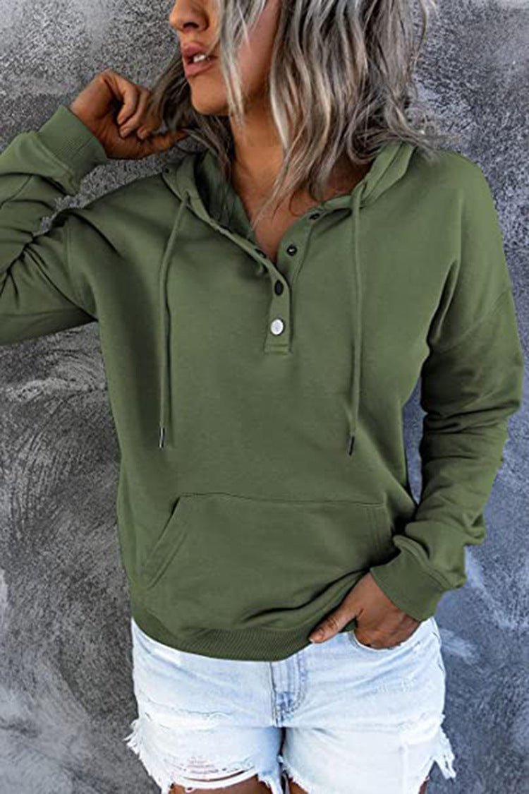 Long-sleeved Hooded Sweatshirt With Pockets Fashion Casual Button Drawstring Design Hoodie Top Spring And Autumn Sports Clothing For Women - RICALOUX