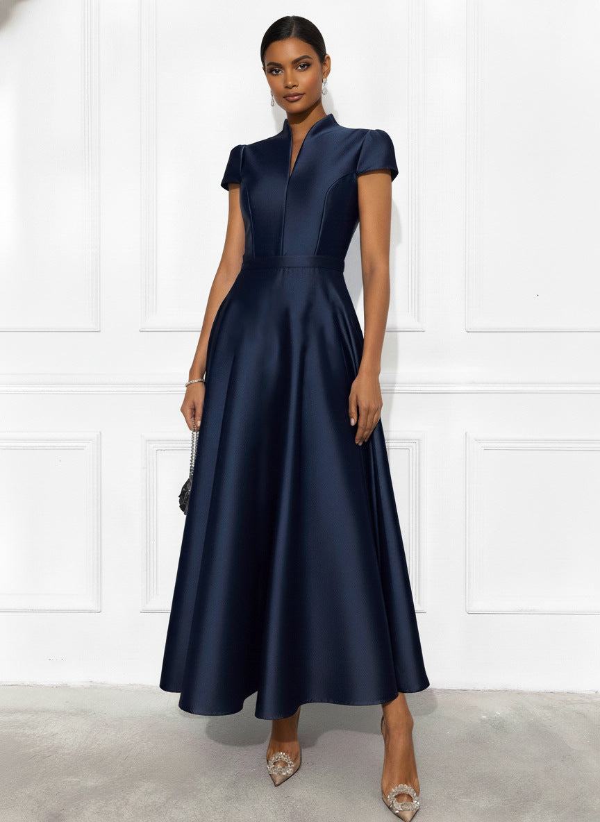 Solid-color Knitted Satin Short-sleeve Waist-cinching Swing Dress – Premium 0 | RICALOUX