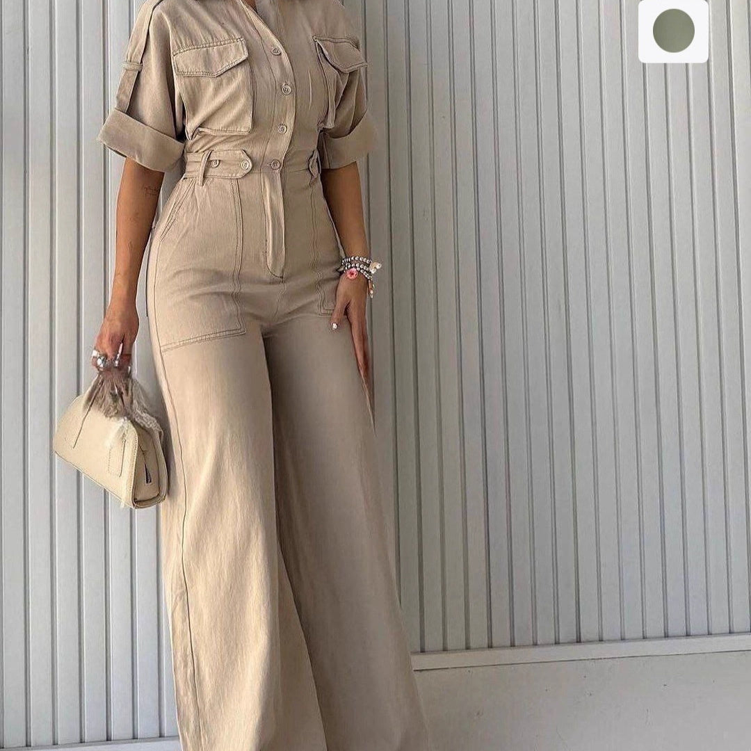 Waist-cinching Figure-flattering Wide-leg Overalls With A Lapel Collar by Ricaloux