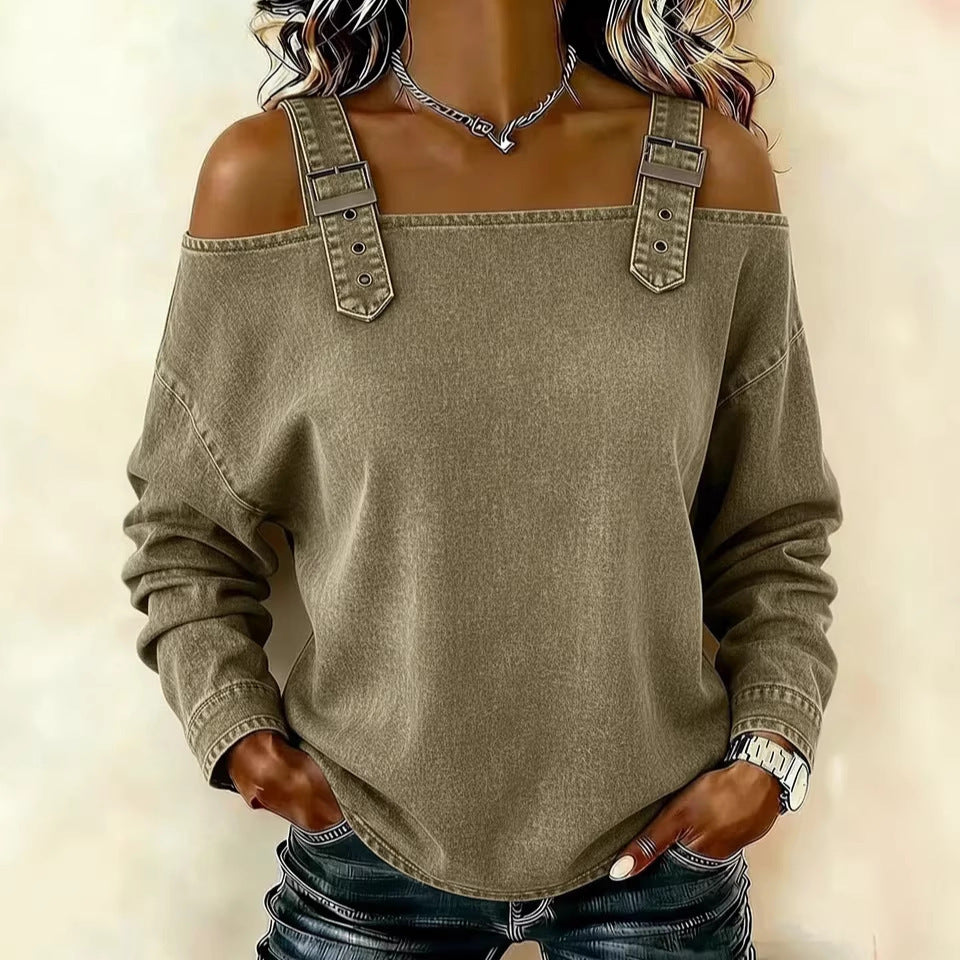 Halter-neck Off-shoulder Long-sleeve Top by Ricaloux