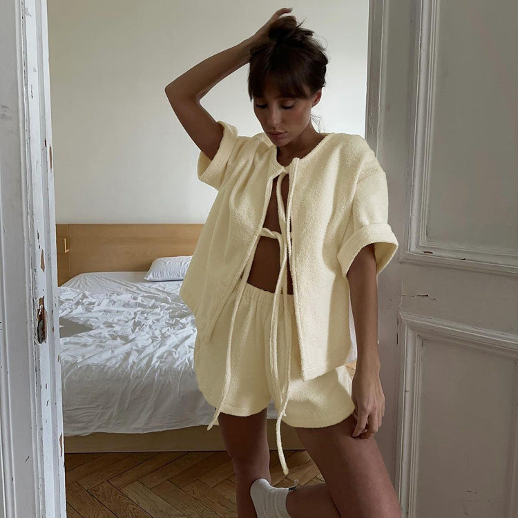 Terry Cloth Tie Front Short Sleeve Jacket & Elastic Waist Casual Shorts 2-Piece Loungewear Set – Premium 4 | RICALOUX