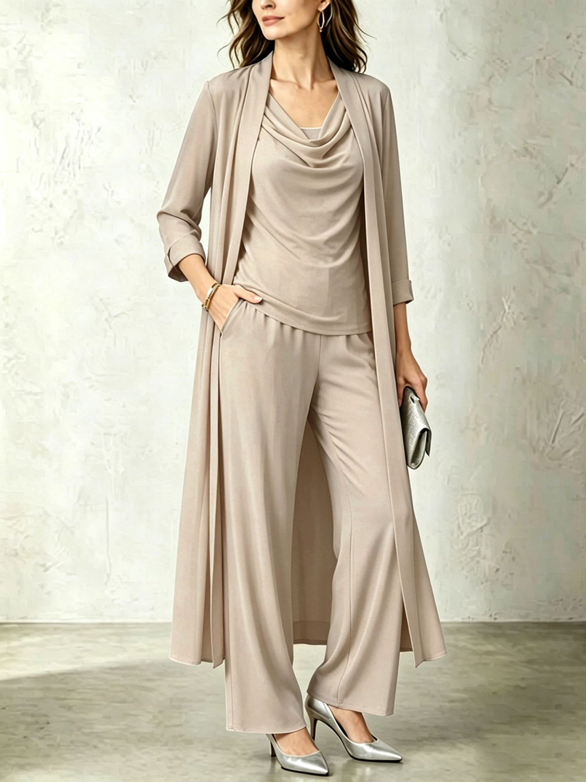Womens Long Cardigan Jacket And Pants Three-piece Set by Ricaloux