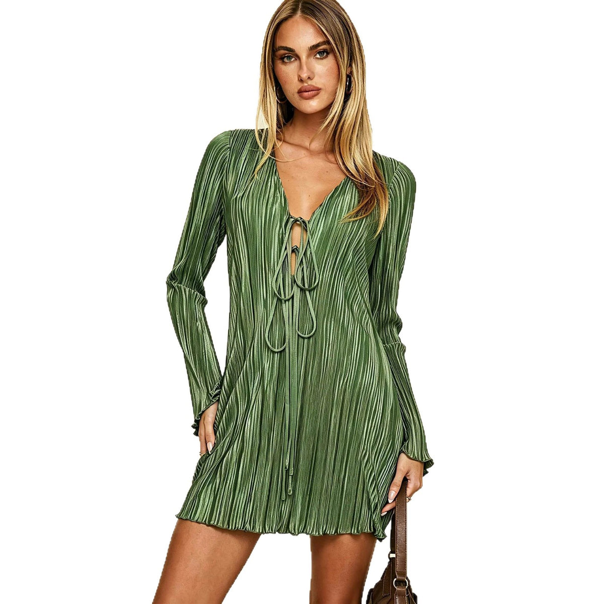 Ruched High-gloss V-neck Strap Short-sleeve Mini Dress by Ricaloux