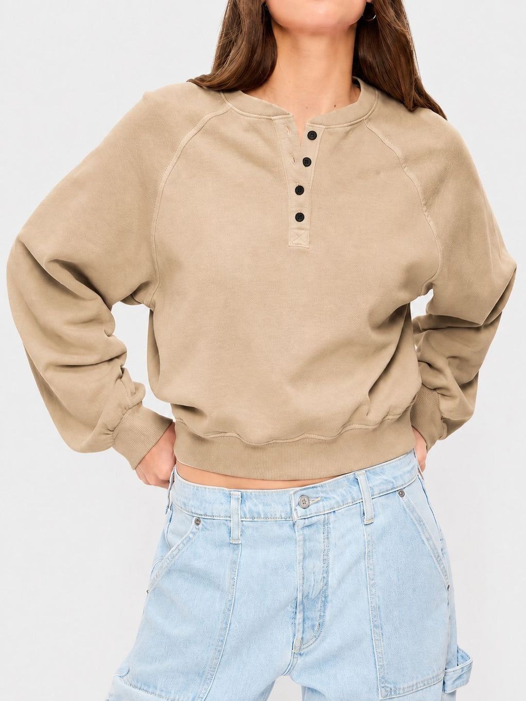 Womens Crew-neck Button-up Sweatshirt Loose-fit Casual Cropped Top by Ricaloux
