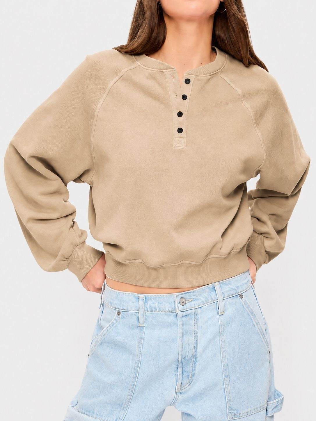 Womens Crew-neck Button-up Sweatshirt Loose-fit Casual Cropped Top by Ricaloux