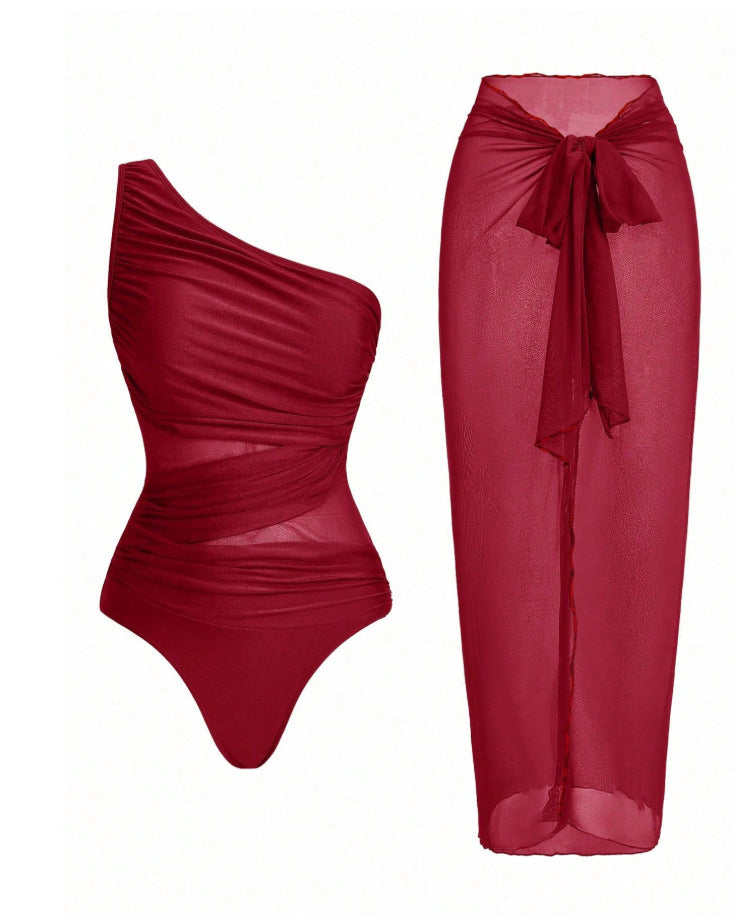 Mesh One-piece Swimsuit For Women European And American Style Tummy Covering And Figureflattering With A Wrap Skirt – Premium 0 | RICALOUX
