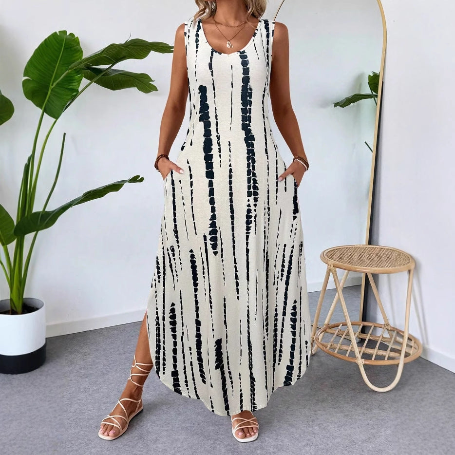 Womens Fashionable Printed Sleeveless Slit Slimming Tank Dress by Ricaloux