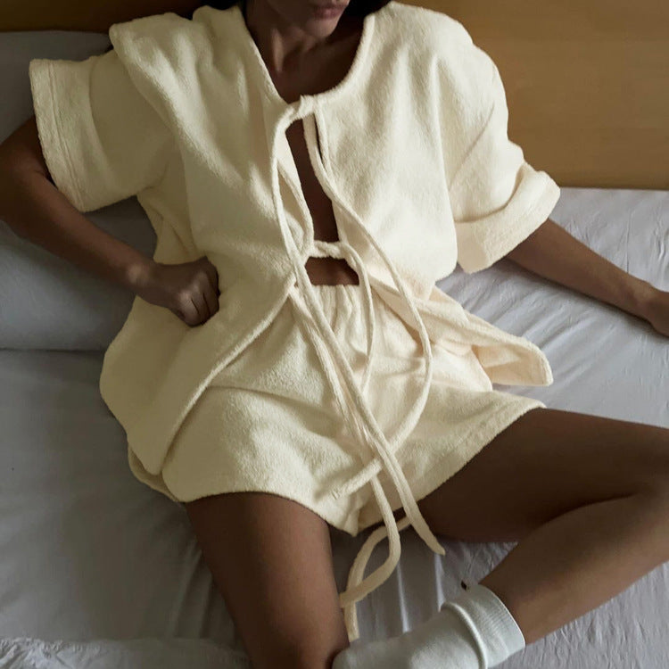 Terry Cloth Tie Front Short Sleeve Jacket & Elastic Waist Casual Shorts 2-Piece Loungewear Set – Premium 4 | RICALOUX