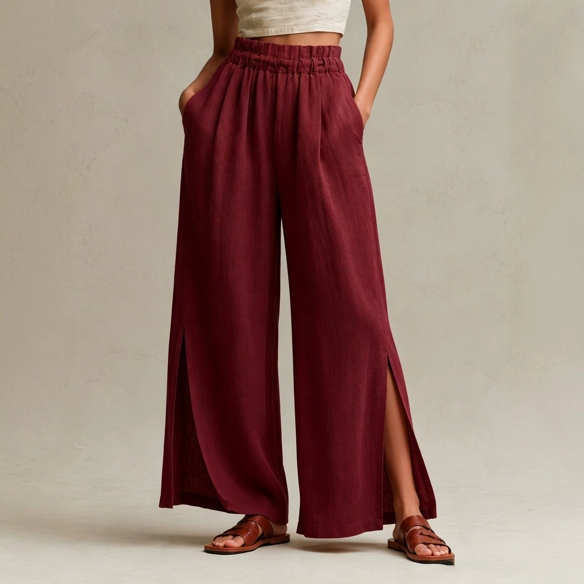Womens Casual High-waisted Trousers With An Elastic Waist And Side Slits by Ricaloux