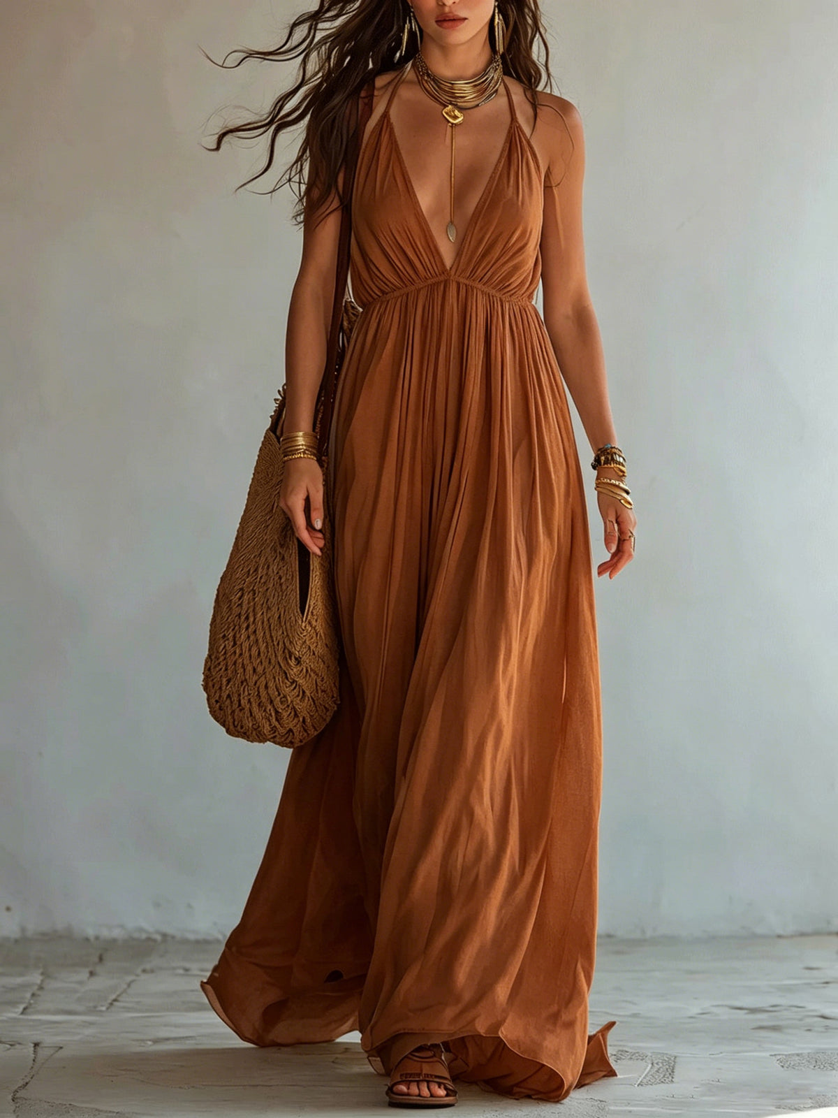 Deep V-neck Halter Backless Dress For Women by Ricaloux