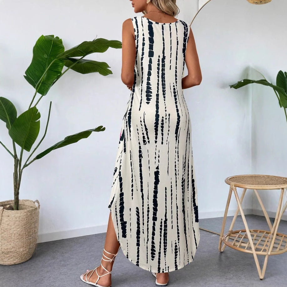 Womens Fashionable Printed Sleeveless Slit Slimming Tank Dress by Ricaloux