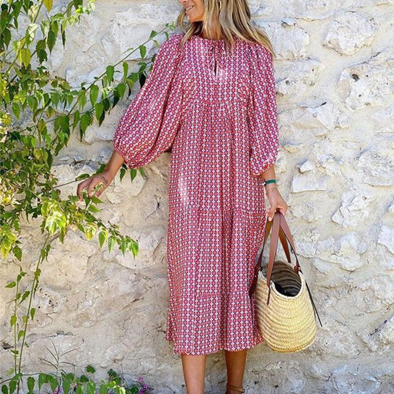 Womens Loose Long-Sleeve Dress With Floral Print And Puffed Sleeves Style For Europe And America by Ricaloux