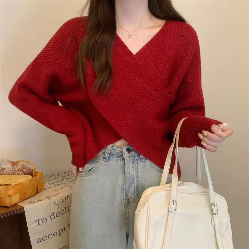 V-neck Solid-color Off-shoulder Knit Pullover For Women – Premium 0 | RICALOUX