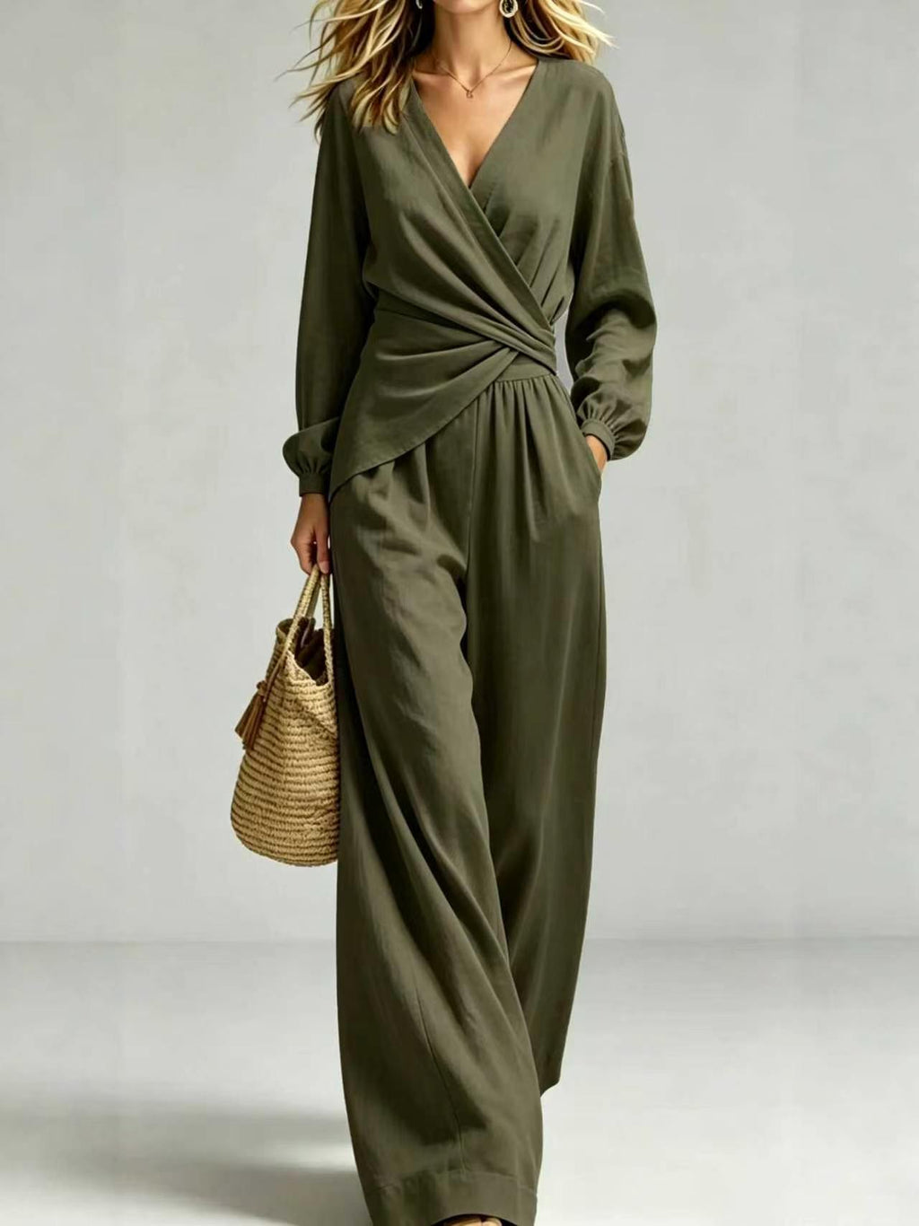 Women's 2-Piece Outfit - V-Neck Long Sleeve Wrap Blouse & Wide Leg Pants Set, Elegant Casual Pocketed Matching Set – Premium 4 | RICALOUX