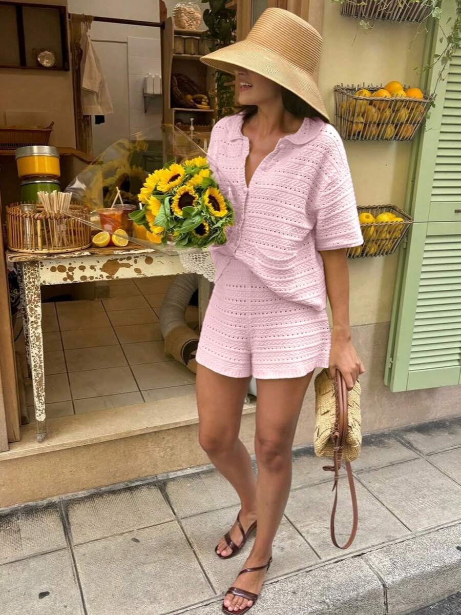 Short-sleeved Solid-color Knitted Cardigan And Shorts 2-piece Set by Ricaloux