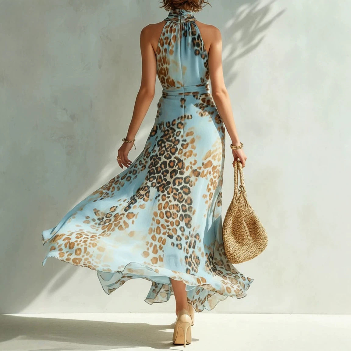 Leopard-print Sleeveless Maxi Dress Halter-neck Printed Gown by Ricaloux