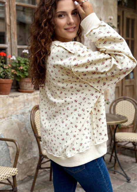 Beige Ribbed High-necked Patchwork Floral Print Loose Pullover Hoodie by Ricaloux