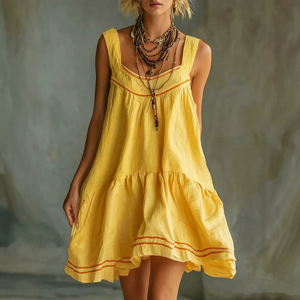 New Retro Casual Chic Embossed Comfortable Solid-color Cotton-linen Mini Slip Dress – Premium 0 | RICALOUX