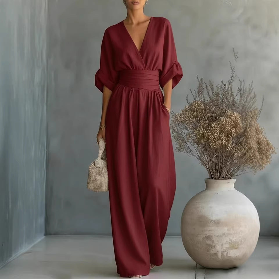 Summer Short-sleeved Jumpsuit Fashion Casual V-Neck Wide-Leg Pants Womens Clothing by Ricaloux