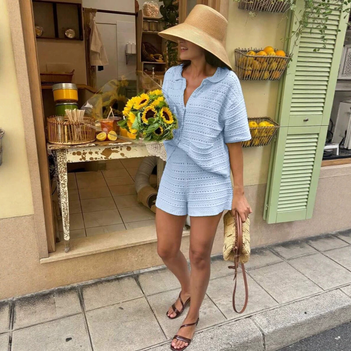 Short-sleeved Solid-color Knitted Cardigan And Shorts 2-piece Set – Premium 0 | RICALOUX