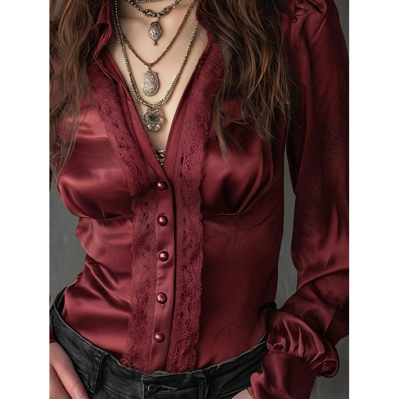 Womens Satin Long-sleeve Shirt With A Turn-down Collar by Ricaloux