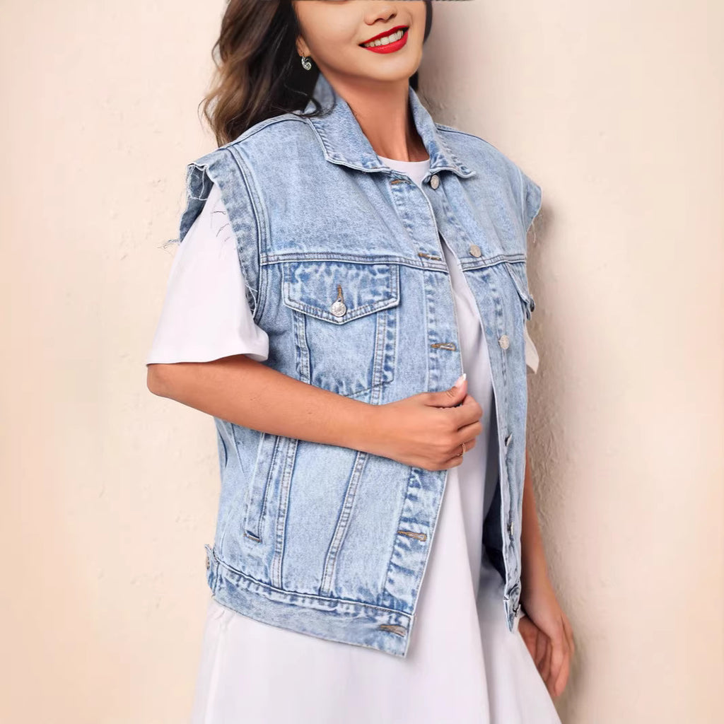 Womens Minimalist Casual Chic Denim Jacket Vest by Ricaloux