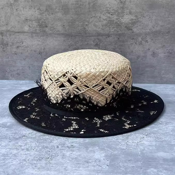Hand-knitted Raffia Flat-Top Womens Vintage Lace Straw Sun Hat – Premium 0 | RICALOUX