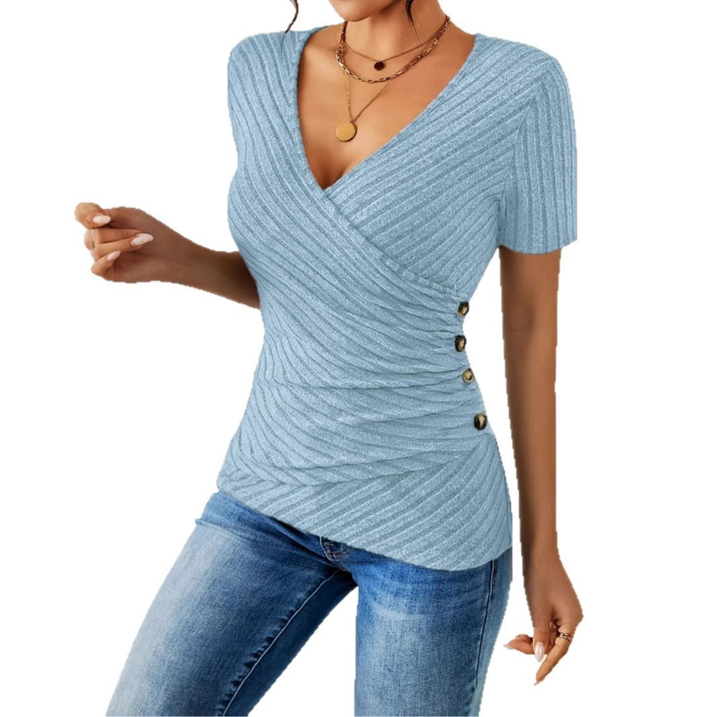 Solid-color V-neck Casual Short-sleeve Womens Top by Ricaloux