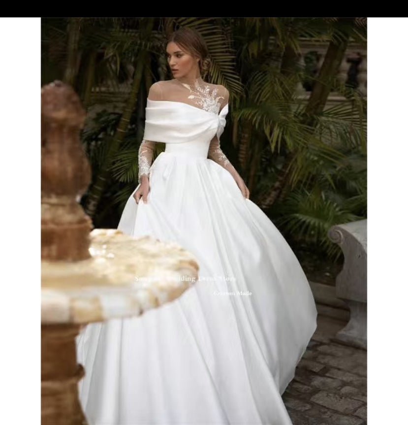 Raglan Sleeve Long Sleeve White Tutu Skirt Satin Wedding Dress - RICALOUX