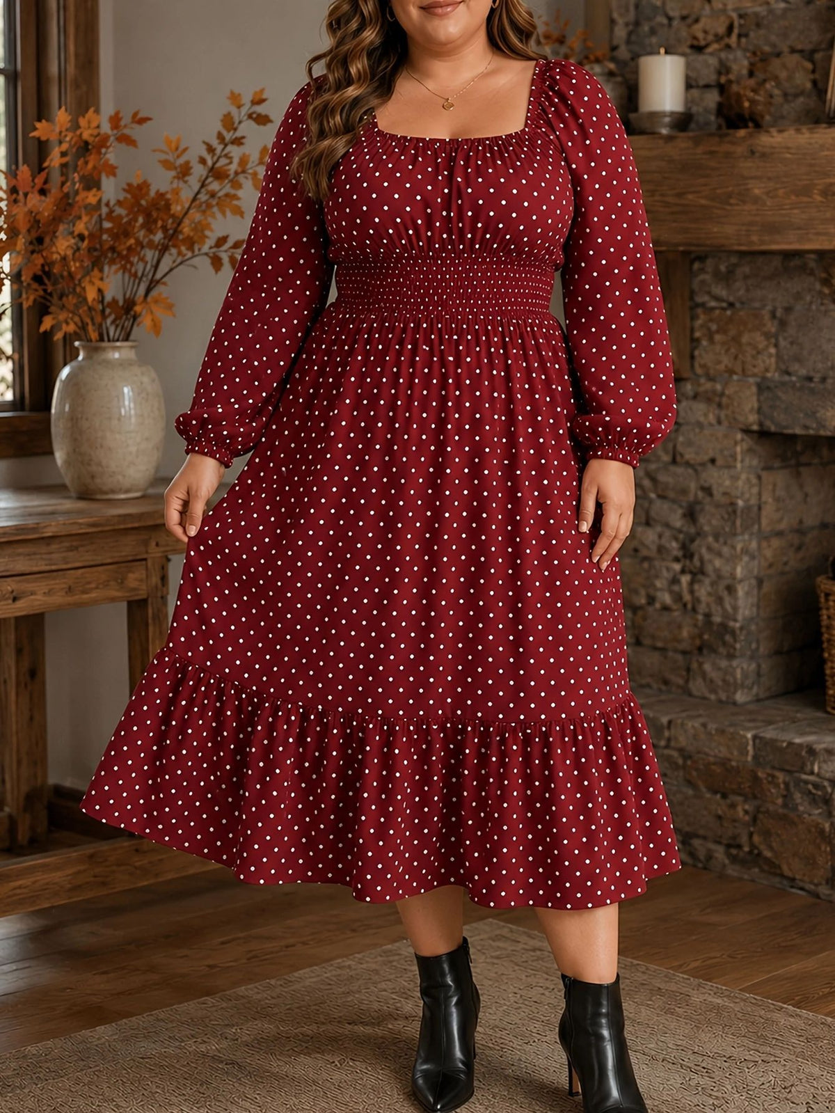 Polka-dot Plus-size Womens Dress Puff-sleeve Boat-neck Dress For Curvy Figures by Ricaloux