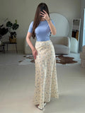 Base Ditsy Floral Print High Waist Satin Mermaid Midi Slip Skirt by Ricaloux