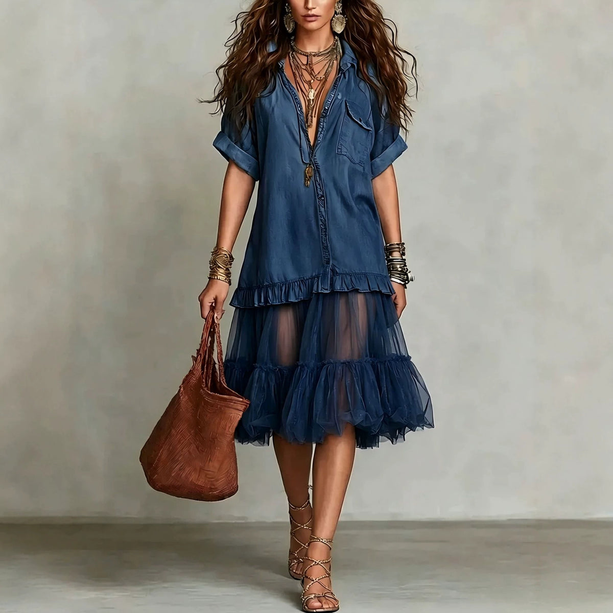 Bohemian Faux-jean Patchwork Tulle Maxi Dress by Ricaloux