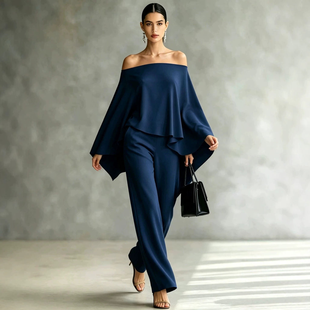 Autumn Fashion Off-Shoulder Wide-Leg Pants Set Womens Solid-Color Asymmetric Two-Piece Set – Premium 0 | RICALOUX