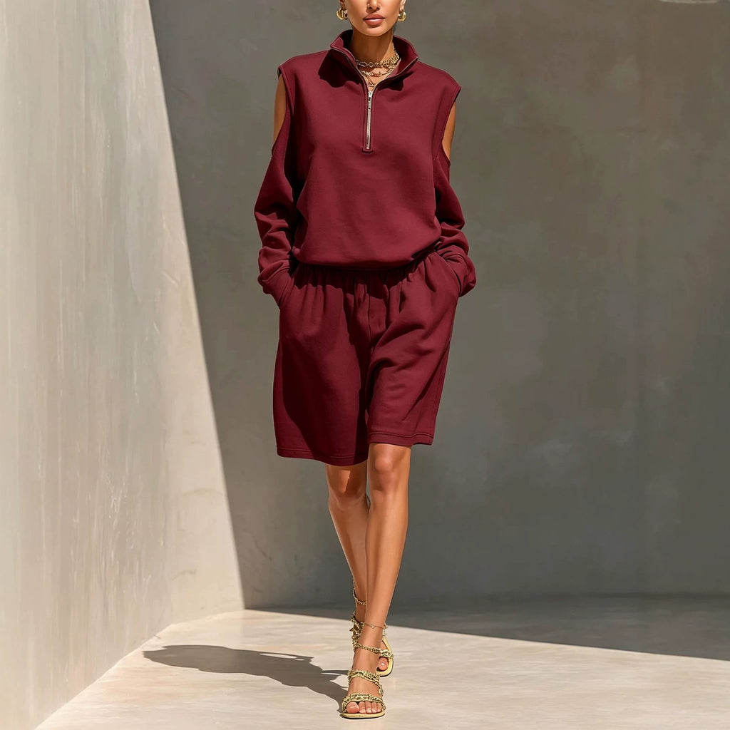 Half-zip Off-shoulder Sweatshirt And Relaxed-fit Shorts Set by Ricaloux