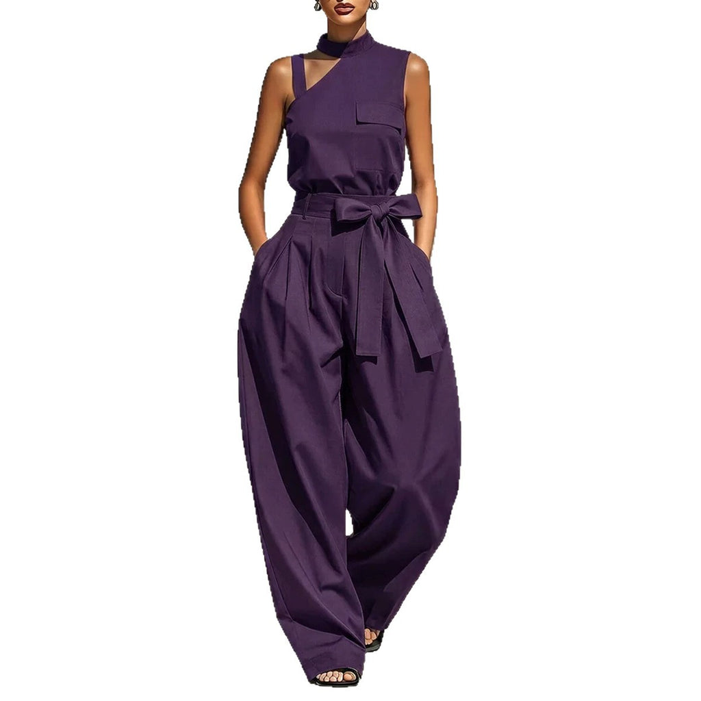 Off-shoulder Stand-collar Sleeveless Jumpsuit by Ricaloux