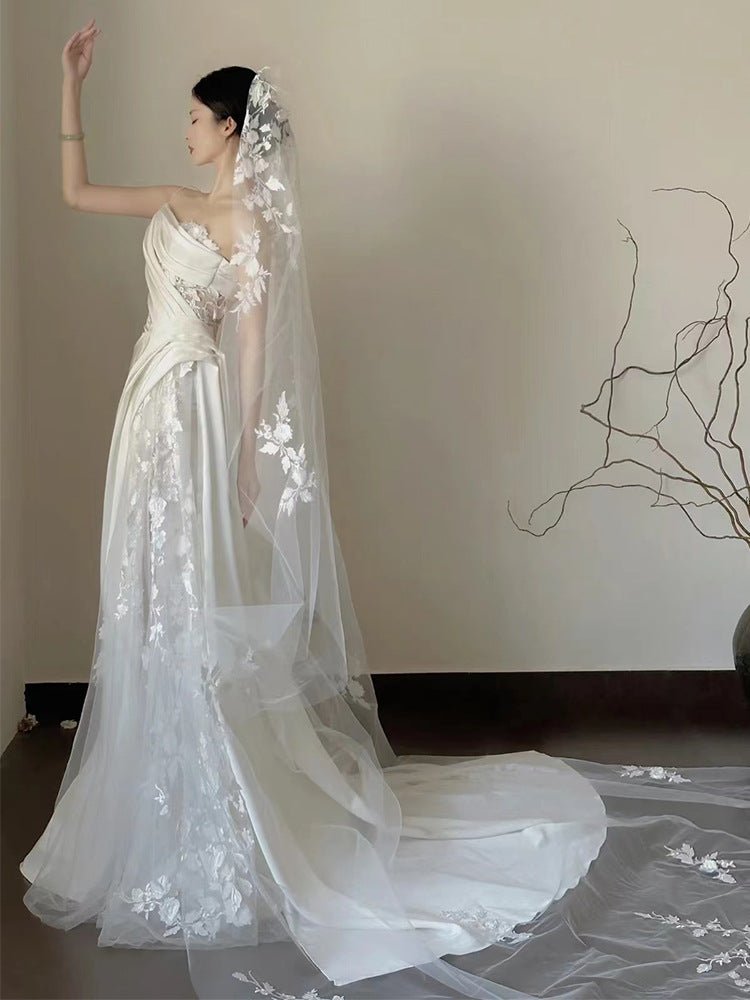 Satin Lace Wedding Veil Tube Top Fishtail Wedding Dress - RICALOUX