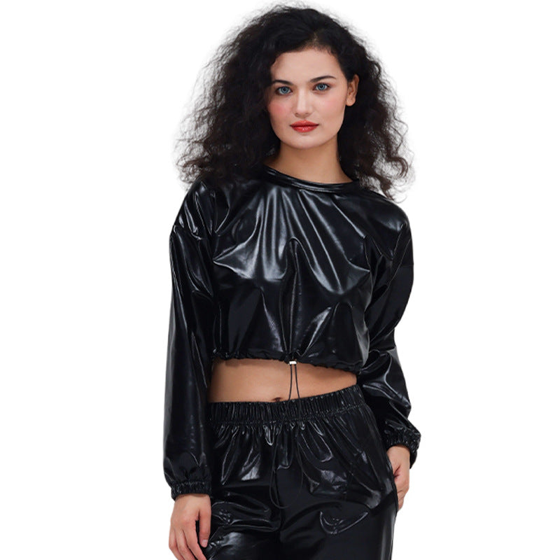 Long Sleeve Round Neck Drawstring Embossed Shiny Leather Sweatshirt by Ricaloux