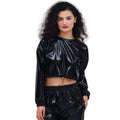Long Sleeve Round Neck Drawstring Embossed Shiny Leather Sweatshirt by Ricaloux
