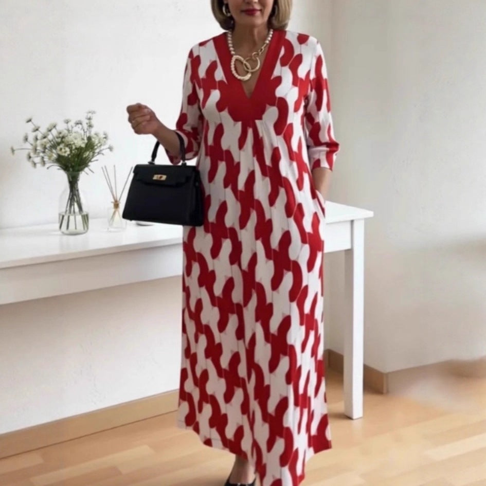 SpringSummer New Womens V-neck Printed Dress – Premium 0 | RICALOUX