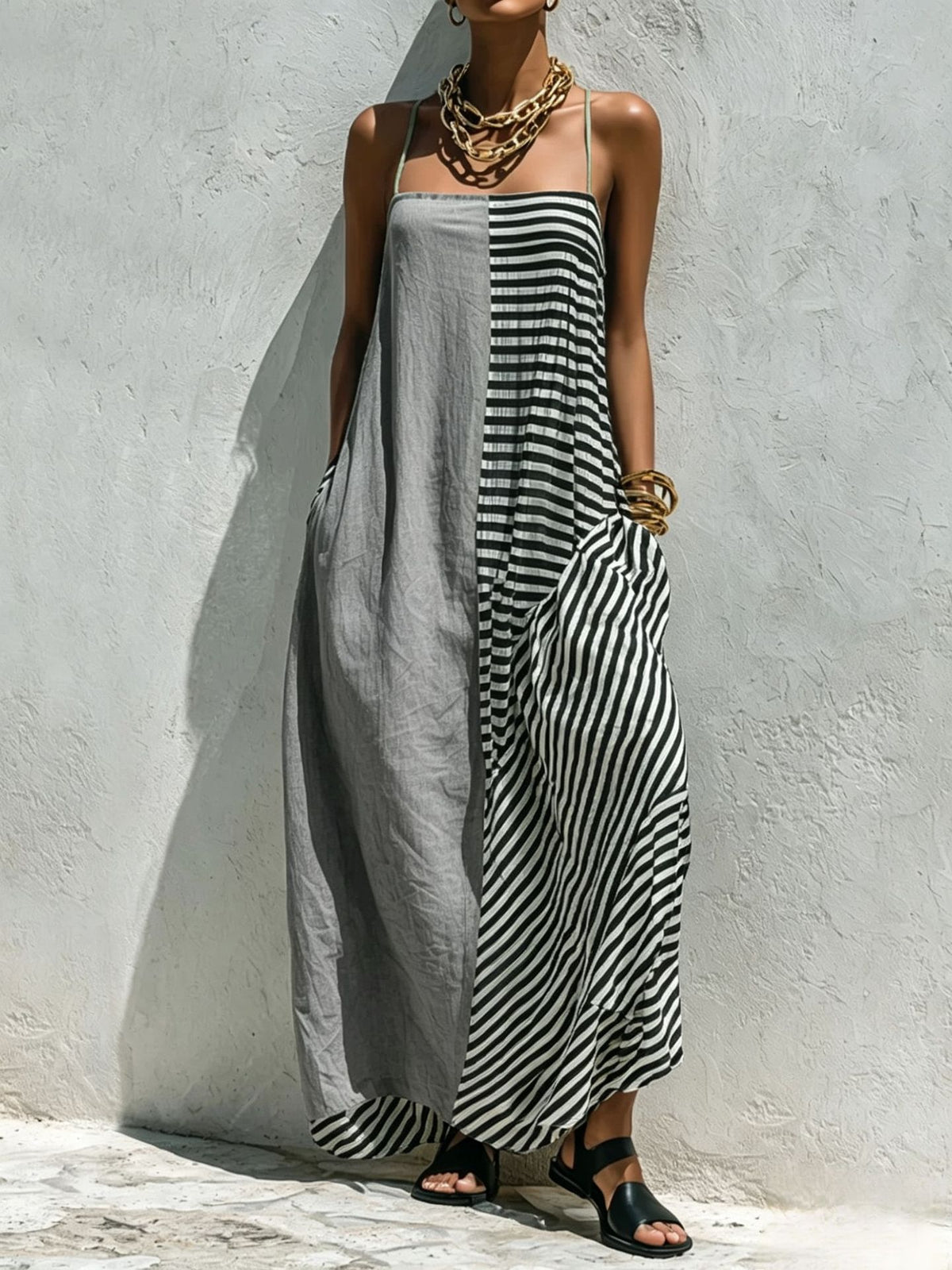Printed Striped Strap Sleeveless Long Dress by Ricaloux