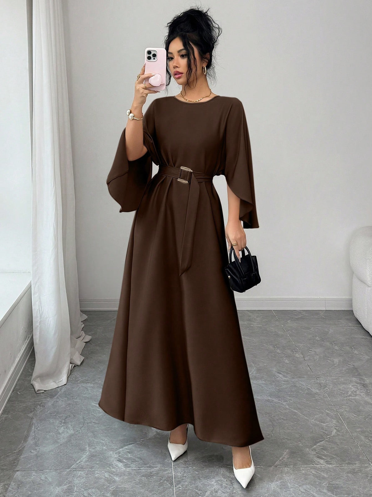 Womens Fashion Round-Neck Defined-Waistline Lace-Up Dress by Ricaloux