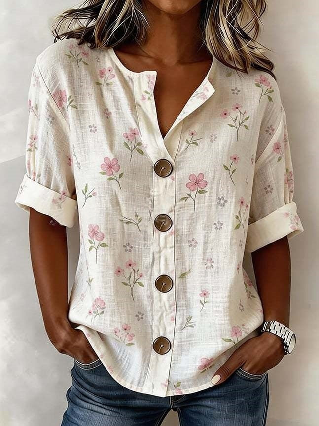 Lantern-sleeve Printed Button-up Womens Blouse by Ricaloux