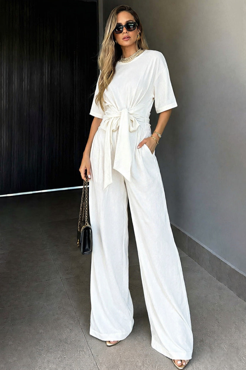 Round-neck Short-sleeve Top And Loose Wide-leg Pants Set – Premium 0 | RICALOUX