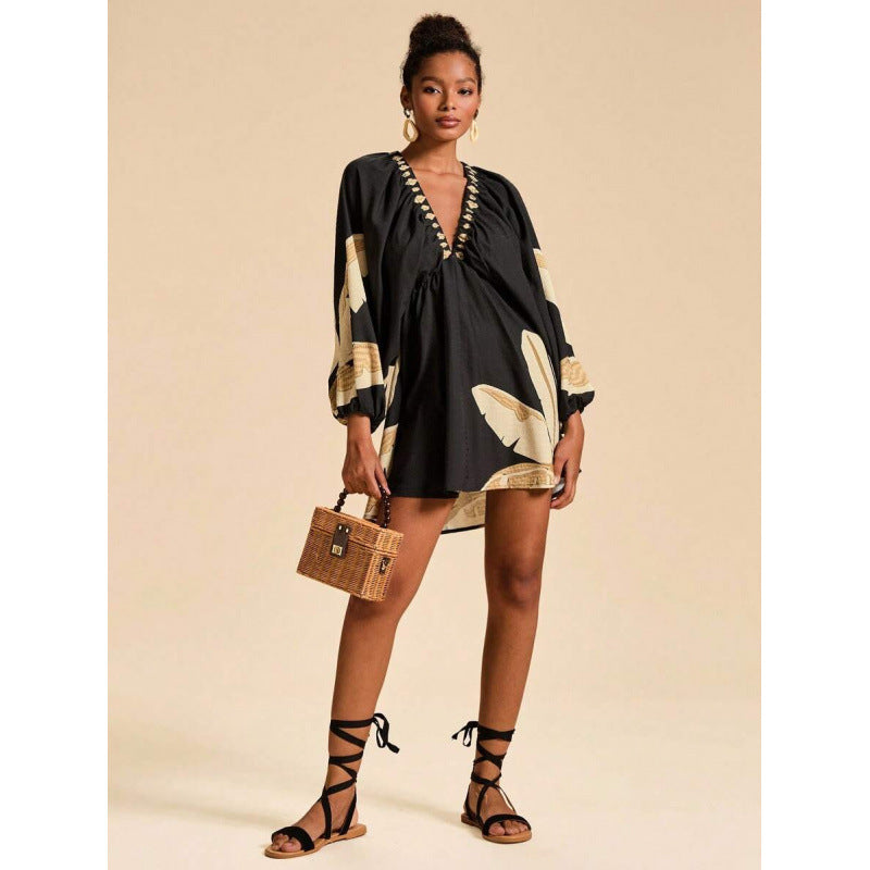 Womens Short Printed Long-Sleeve V-Neck Dress by Ricaloux