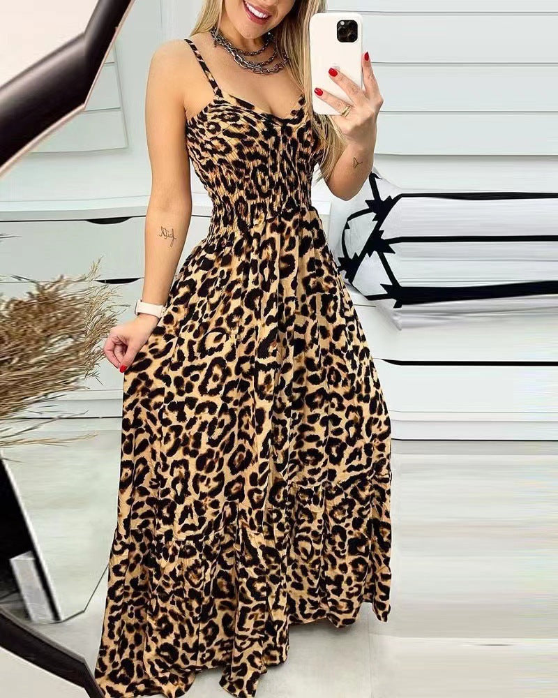 Women's Leopard Print Spaghetti Strap Tiered Maxi Dress V-Neck Smocked Waist Flowy Long Dress For Summer – Premium 4 | RICALOUX